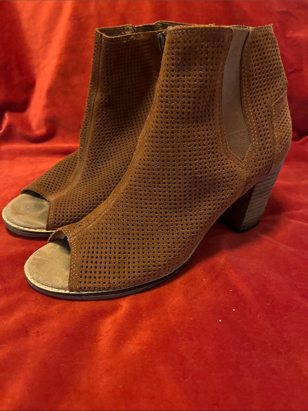 Toms Brown Perforated Suede Peep-Toe Ankle Booties